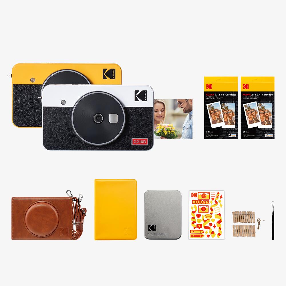 チェキ 学割 <strong>コダック</strong> KODAK Mini Shot 2 Retro 4PASS 2-in-1<strong>インスタントカメラ</strong>＆フォトプリンター(5,3x8,6cm)＋68枚ギフトバンドル,ホワイト,イエロー