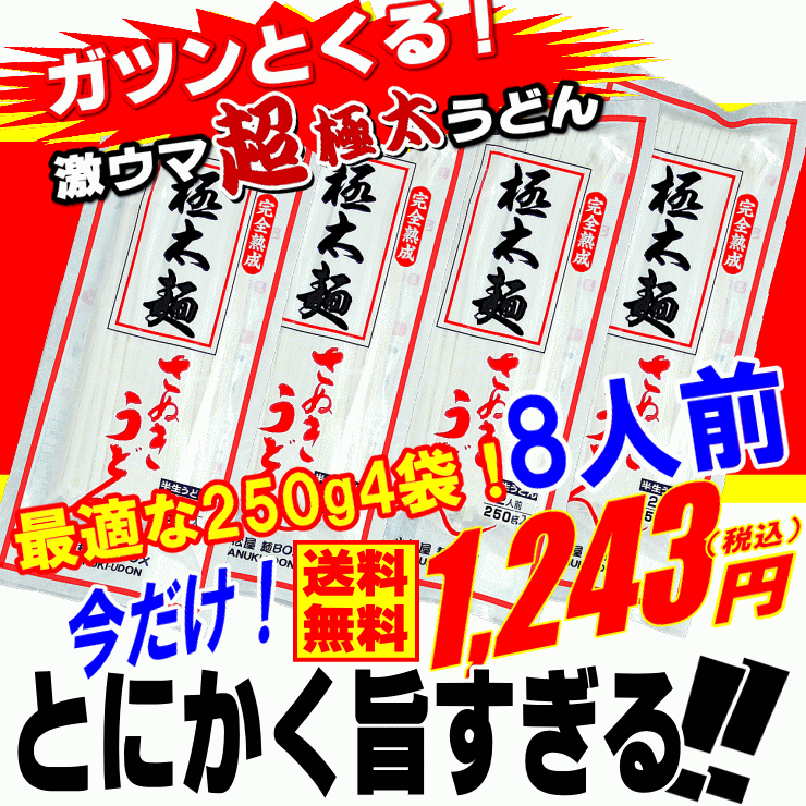 メール便【送料無料】極太麺8人前セット（完熟半生讃岐うどん）...