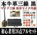 牛革三線 エレキ三線 マイク 本牛革一枚張り 黒 ブラック 真壁型 黒塗り 集音マイク内蔵 初心者用26点フルセット