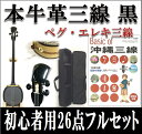 牛革三線 ペグ・エレキ三線 マイク 本牛革一枚張り 黒 ブラック 真壁型 黒塗り 集音マイク内蔵 初心者用26点フルセット