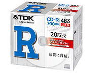 TDK CD-R 700MB 48X インクジェットプリンタ対応ホワイトワイド 薄型5mmケース1枚入X20枚入り製品型番：CD-R80PWDX20B