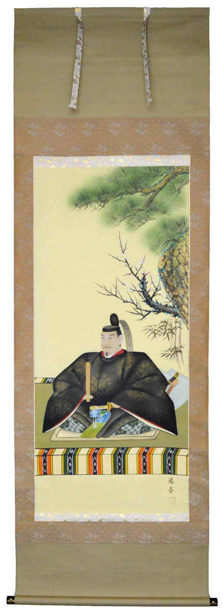 【天神様】 天神様 掛け軸尺八立『菅原道真公』丹羽 陽春（にわ ようしゅん）画伯緞子・三段表装※風鎮付き