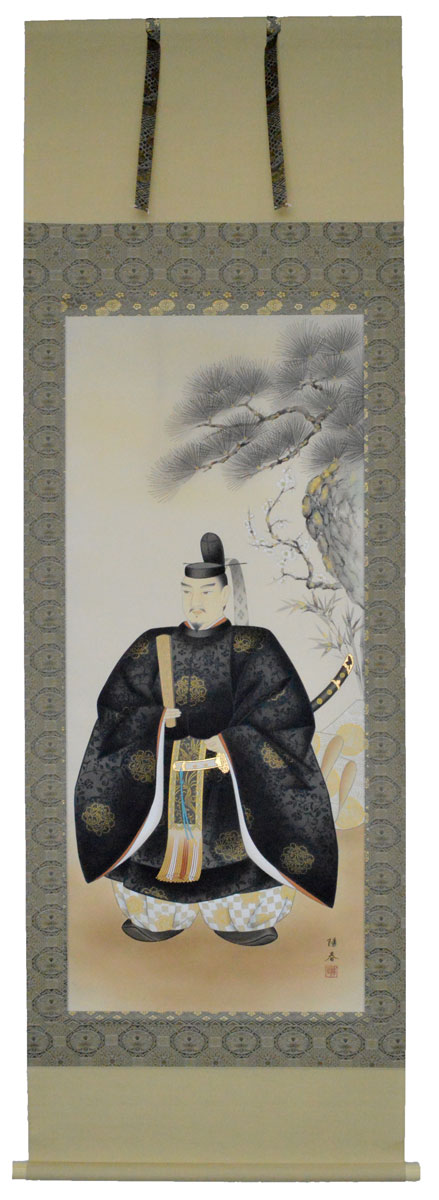 【天神様】 天神様 掛け軸尺八立『菅原道真公』立ち姿丹羽 陽春（にわ ようしゅん）画伯上緞子・三段表装※風鎮付き