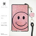 パスケース ICカードケース カバー リール式 デコ スワロフスキー キラキラ デコケース デコカバー 収納式 ストラップ かわいい ラインストーン -スマイルマーク ニコちゃんマーク ブラックベースのピンク-