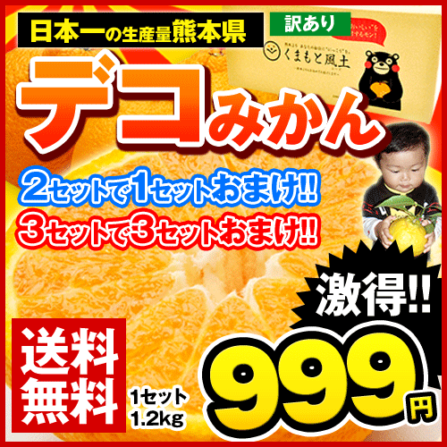 発祥の地！本場熊本県産♪自家用訳ありデコみかん1.2kg★送料無料★2セットで1セット分、3セット購入なら3セット分おまけ増量特典！★デコポンと同品種★大中小サイズ混合※複数購入で1