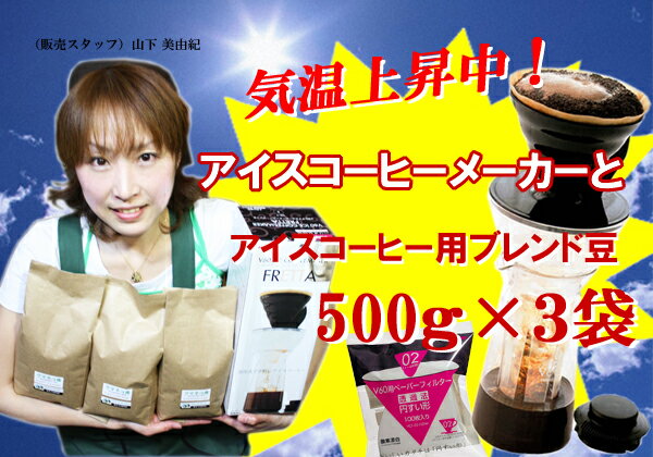 【送料無料】ハリオV60アイスコーヒーメーカーVIC-02B付きアイスコーヒー用ブレンド豆500g×3袋（グラス150杯分）に＋ハリオV60専用ペーパーフィルター100枚プレゼント！【SBZcou1208】