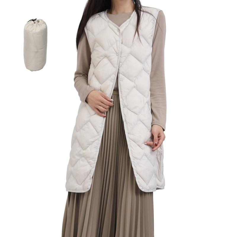 [Minax] ダウンベスト レディース ロング丈 体型カバー 2WAY インナー 袖なし 軽量 防寒 防風 暖かい 保温 無地 カジュアル 収納袋付き 大きいサイズ おしゃれ 秋冬春 黒 278