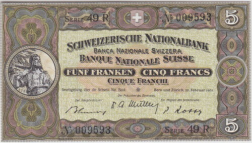 スイス2次紙幣　5フラン未使用