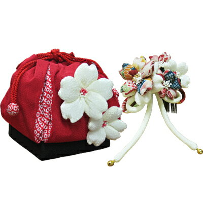 七五三　髪飾り 巾着　セット「古典　桜（赤）」　髪飾り＆巾着セット　七五三 結婚式 お祝い　プレゼントに