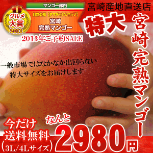 【マンゴーグルメ大賞受賞店】先行ご予約SALE開催！【2013年先行予約開始】【送料無料】特大宮崎完熟マンゴー宮崎からお届けする南国の香り・とろける美味しさがいっぱいの完熟マンゴー地元宮崎だからこそできる鮮度＆激安でお届け致します【宮崎マンゴー】【アップルマンゴー/アーウィン】