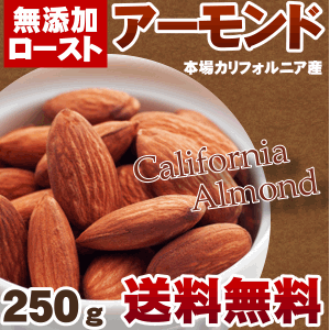 【送料無料】完全無添加のアーモンド250gアーモンドの本場カリフォルニアの大地で育った極上のアーモンドを無添加素焼き焙煎致しました！無添加なので様々な用途でご利用頂けます【無塩】【無油】【無着色】【無香料】