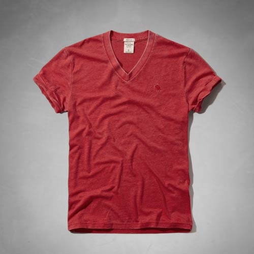アバクロンビー＆フィッチ 正規品 アバクロ Abercrombie＆Fitch メンズ Tシャツ 無地Tシャツ ロゴ入り Vネック：Catamount Rolled Cuff Tee - Red