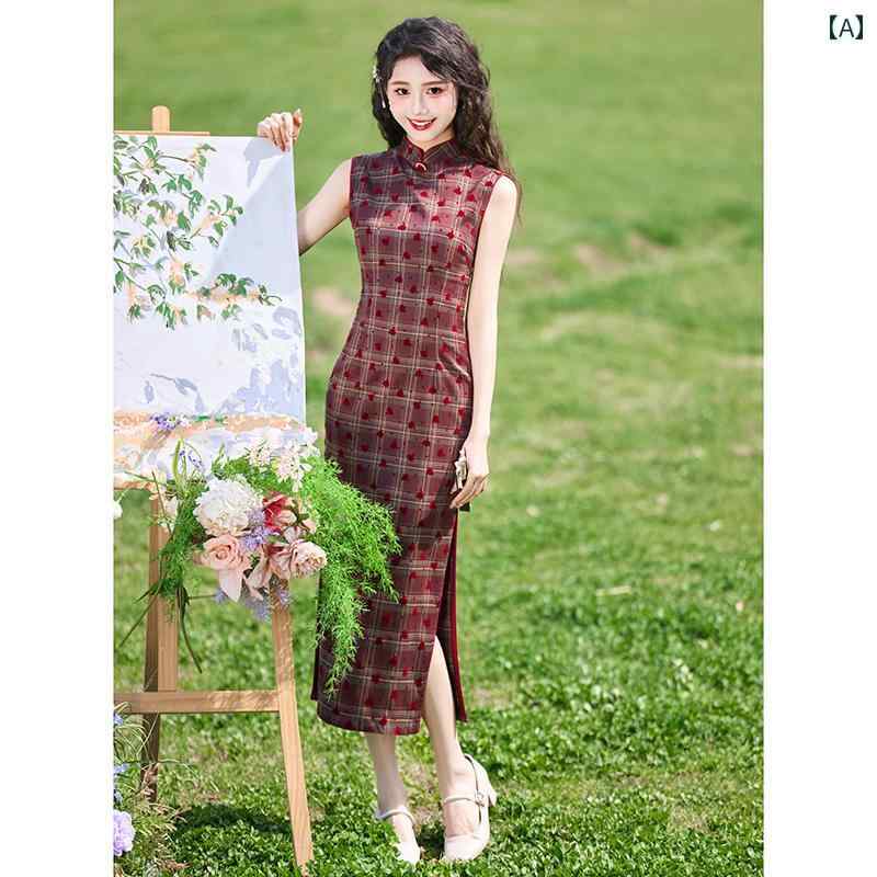 チャイナドレス レディース 大人かわいい 普段使い 夏 ノースリーブ チェック柄 女性 ドレス レトロ 大人っぽい ロングスカート