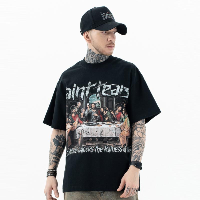 Tシャツ 半袖 夏 ゆったり アメリカン ストリート スケーター メンズ カジュアル シャツ おしゃれ 文字プリント 綿 ラウンドネック 黒 カップル