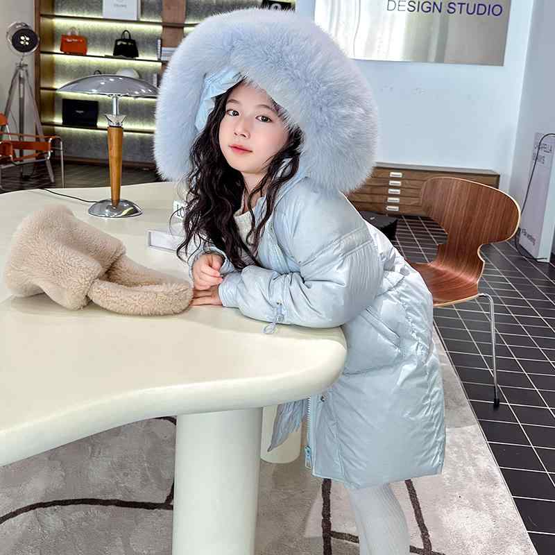 キッズ 女の子 ダウン ジャケット 防寒 ゆったり 冬 ホワイトダックダウン ジッパー アウター ファー 襟 子供 コート ミドル丈 厚手 暖かい