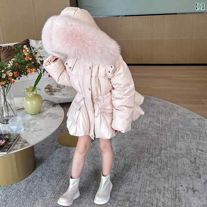 女の子 ダウン ジャケット おしゃれ フェミニン 冬 フレア ホワイトダックダウン 子供 コート 厚手 暖かい ファー フード付き カジュアル 防寒 キッズ