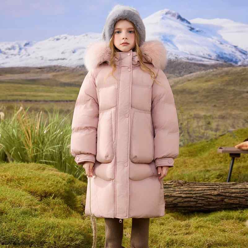 フード付き ダウンジャケット キッズ コート アウター 子供 おしゃれ ファッション 女の子 ロング 冬 ホワイトダックダウン 極寒 厚手 カジュアル ピンク