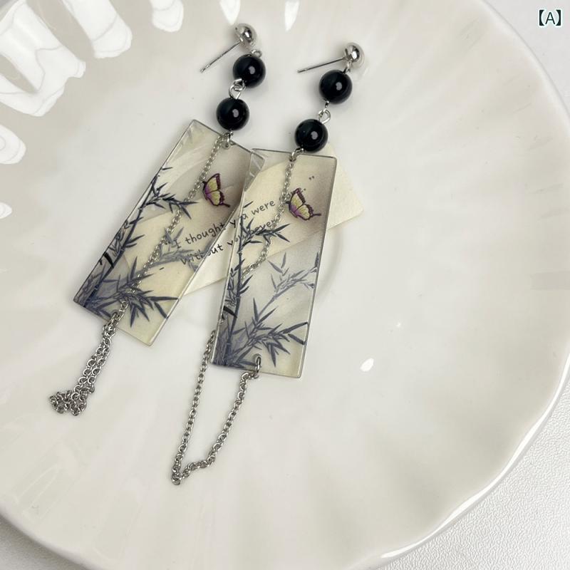 レディース アクセサリー チャイナ風 竹 影 蝶 レトロ 書道 レトロ ロング タッセル ピアス 韓服 スカート ピアス アクセサリー