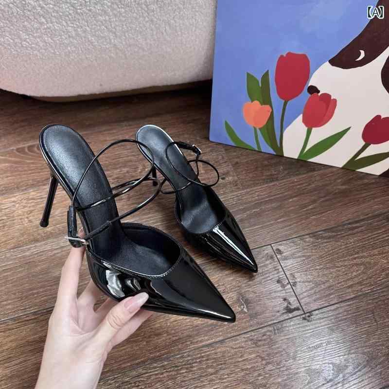 ミュール 春秋 女性用 黒 ハイヒール 魅惑的 尖った パテントレザー ストラップ スタイリッシュ サンダル 疲れにくい 靴