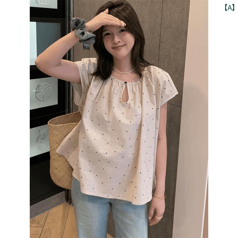 マタニティウェア 夏 トップス サマー 半袖 ドット柄 ベビーシャツ 着心地 女性用 ゆったり フレンチ ノースリーブ