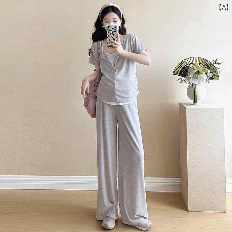 マタニティウェア 夏 カジュアル スーツ 夏 半袖 薄手 ストレッチ トップス ツーピース セット おしゃれ 妊婦