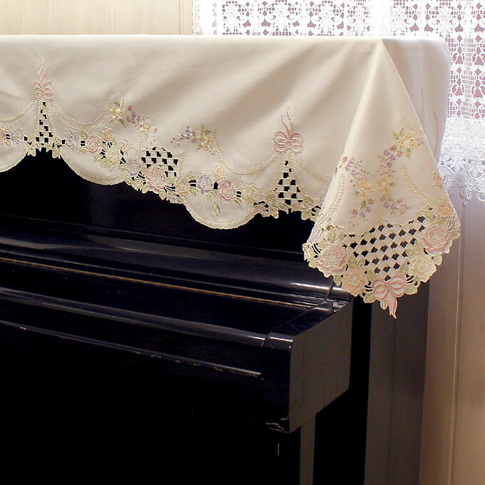 リボンとローズ刺繍＆カットワーク ピアノカバー約200x75cm【単品の場合ゆうパケット選…...:lace-de-brugge:10005171