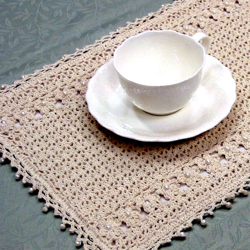 クロッシェットレース＆淡水パールティーマット約20×30cm＜pearl crochet シリーズ＞パールクロッシェ シリーズ