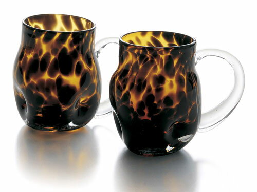 〔ガラス食器〕世界に一つ!「手作り」のグラス!野性味溢れる刺激的なデザイン琥珀　ペアマグカップ