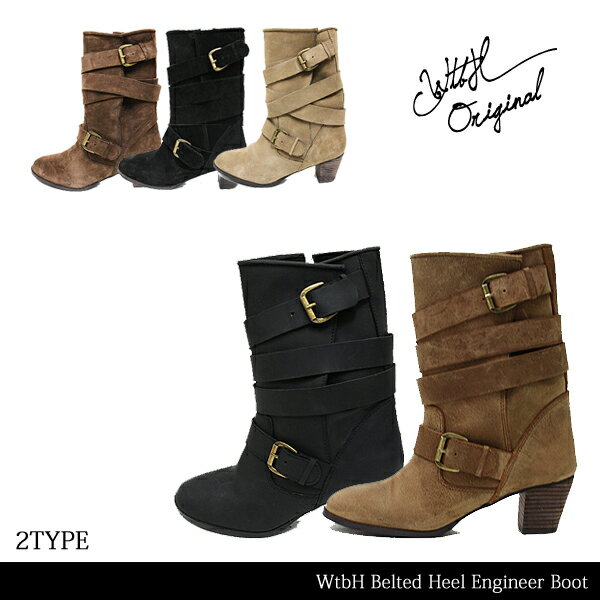 【WtbH】Belted Heel Engineer Leather Boot-【本革】ヒール付ベルトデザインエンジニアショートブーツ-[リアルレザー・エンジニアショートブーツ・レディース]