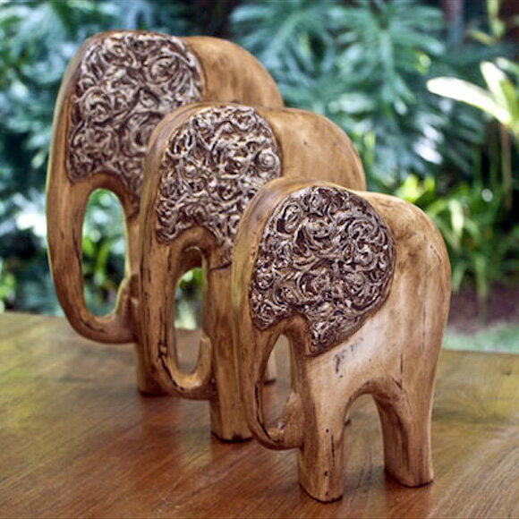 木製オブジェ　(象/エレファント) ブラウン（3点セット）【バリのアジアン彫刻・置物】【よりどり2点福袋対象商品】 