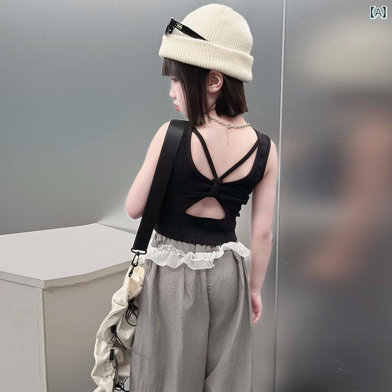 キッズ用 キャミソール タンクトップ 女の子 アウターウェア ストリート ベスト 夏 2025年 ホット ガール ノースリーブ Tシャツ 子供用 サスペンダー トップ