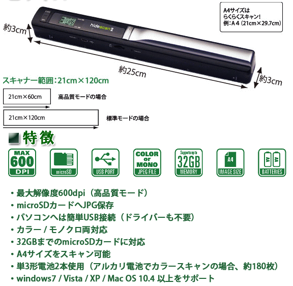 【送料無料】 TEC(テック） hidescan3　ポータブルハンディースキャナー モノクロ・カラー両対応 Lauda ラウダレビュー宣言で、もれなく粗品進呈！手軽にスキャン、ハンディースキャナ！