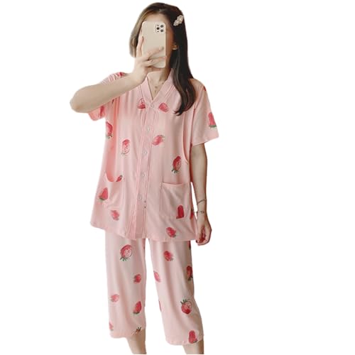 マタニティパジャマ 半袖 産前 産後 前開き 授乳 部屋着 上下セット 夏 出産準備 妊婦パジャマ 子育て ルームウェア 可愛い プレゼント 入院 (ピンク M)