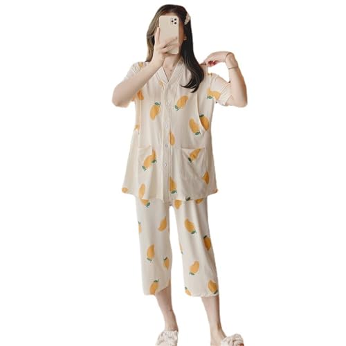 マタニティパジャマ 半袖 産前 産後 前開き 授乳 部屋着 上下セット 夏 出産準備 妊婦パジャマ 子育て ルームウェア 可愛い プレゼント 入院 (イエロー M)