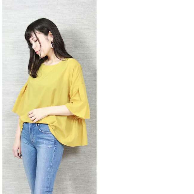 ヤンガニー yangany 当店特注 人気アイテム バックフリル ブラウス 【ブラウス レディース トップス カットソー 服 ファッション 7分袖 ボリューム袖 半袖 春夏 おしゃれ 仕事着 普段着 きれいめ とろみシャツ 薄手 】f5866h【正規取扱店】