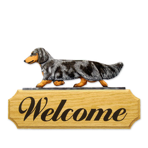 ウェルカムサイン　ダックス（ロング）（ブルーダップル）（from USA）【犬グッズ】【ウェルカムボード】【送料無料】【smtb-k】【楽ギフ_包装】オークのボードに樹脂製のドアトッパーを載せたウェルカムサインです。