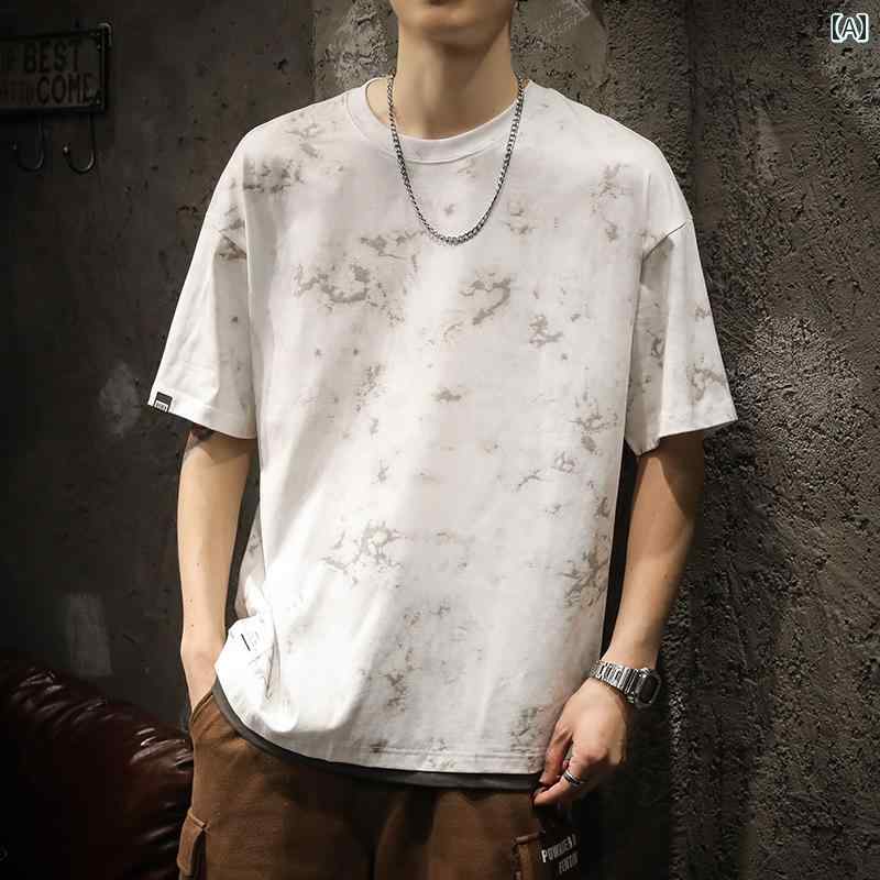メンズ 男性用 ファッション オシャレ シンプル 大人 かっこいい ストリート ヒップホップ HipHop レトロ 半袖 ゆったり 大きいサイズ 夏 白 プリント フェイク ツーピース T シャツ 半袖