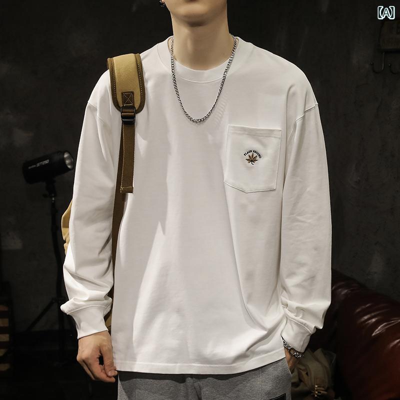 メンズ 男性用 ファッション オシャレ シンプル 大人 かっこいい ストリート ヒップホップ HipHop アメリカンン 綿 コットン 長袖 T シャツ ルーズ ラウンドネック スウェットシャツ 春秋 大きいサイズ 白 ボトム シャツ