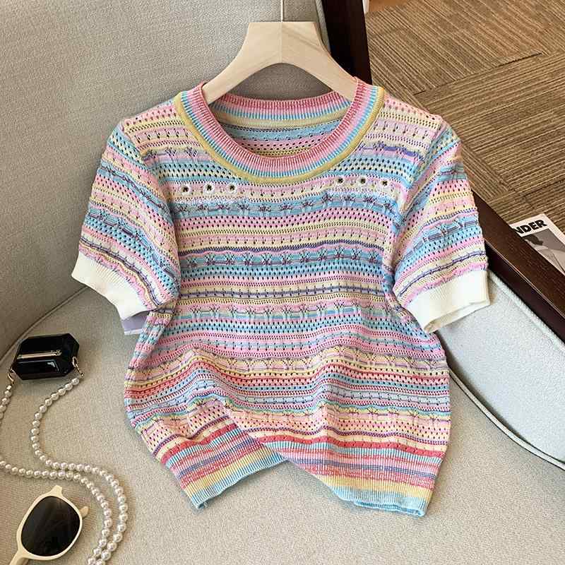 秋コーデ レディース ファッション 女性用 薄手 ストライプ 半袖 Tシャツ ゆったり ニット セーター トップス