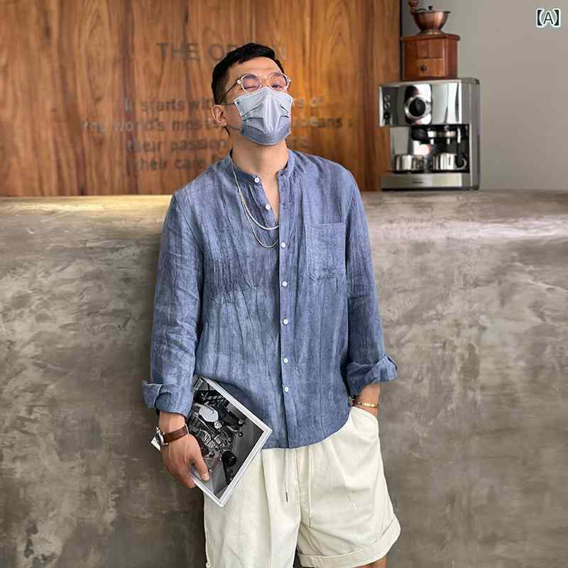 メンズ ファッション 服 男性用 オシャレ シンプル 大人 かっこいい 大きいサイズ ストリート 紳士服 レトロ プリーツ リネンシャツ 秋 シンプル カジュアル 長袖 シャツ