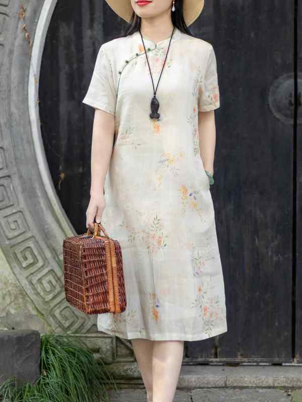 ファッション 服 オシャレ カワイイ シンプル 大カワイイ サイズ 婦服 ワンピース 夏 チャイナ ドレス 半袖 スタンドカラー