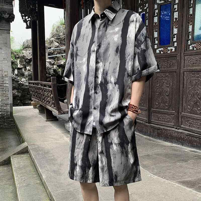 メンズ ファッション 服 男性用 オシャレ シンプル 大人 かっこいい 大きいサイズ ストリート 紳士服 夏 ビーチ 海辺 タイダイ柄 半袖 シャツ セット バカンス バケーション 速乾 パンツ