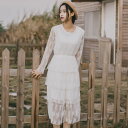 ■40%オフ■ 段フリル総レースワンピース ■ ワンピース 入園式 ワンピ 結婚式 二次会 入学式 大人 上品 卒業式 OL レディース ミディアム丈 長袖 レース 秋 冬 【8000円以上 送料無料 】