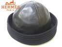 美品■エルメス レザー×カシミヤ ハット帽子 MOTSCH 黒☆0456【中古】HERMES レディース