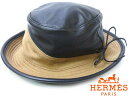 美品■エルメス レザー×カシミヤ ハット帽子 リボン☆0454【中古】HERMES レディース