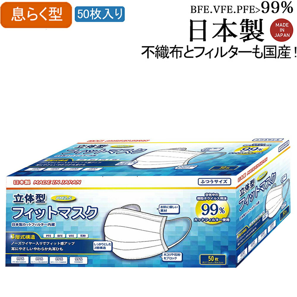 日本製 息らく型 ジッパー付き内袋 カケンテスト済 即納 国産99％カットフィルター内蔵 在庫あり 箱付き 白 使い捨て マスク 三層タイプ ウィルス飛沫 花粉対策 風邪対策 快適 クリーン 50枚入り