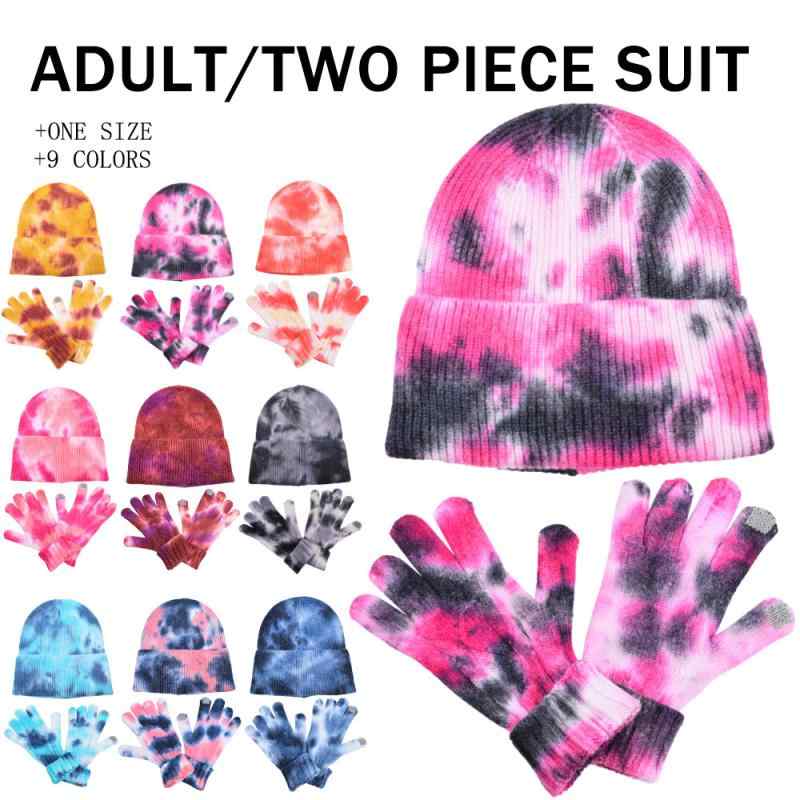 ニット帽 手袋 2点セット 絞り染め 秋冬 防寒 調整可能 ビーニー 暖かい ニットキャップ サイクリング 運動(x30)