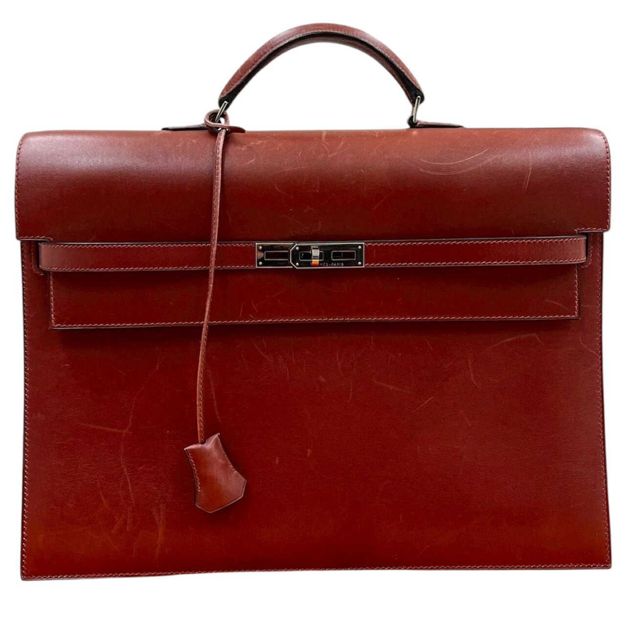 【中古】エルメス　ケリーデペッシュ38　ボックスカーフ　ブラウン系　赤茶　シルバー金具　ビジネスバッグ　□E刻印　HERMES　《送料無料》