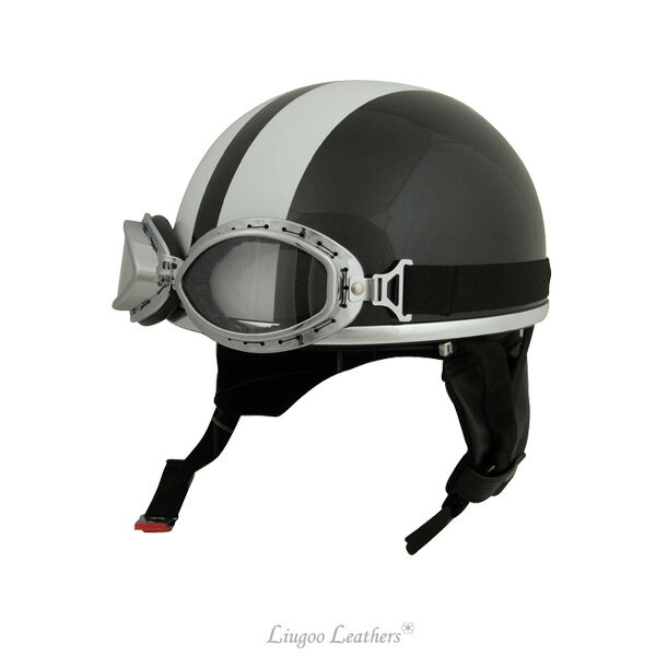 ◎ゴーグル付ビンテージヘルメット《メタリックブラック／ホワイトライン》　半帽、ハーフヘルメットのリューグー