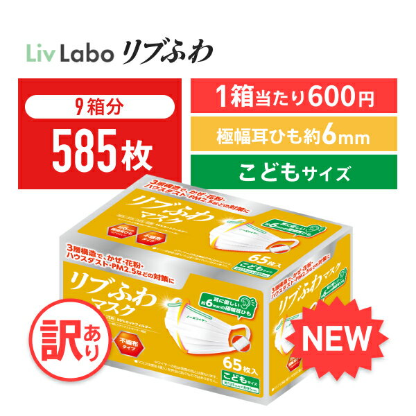 585枚分 リブふわマスク こどもサイズ 耳ひも幅約6mm マスク 子どもマスク 不織布マスク 訳あり *箱潰れ 子供用 65枚入り 9箱 かぜ 花粉 ハウスダスト PM2.5 プリーツタイプ 極幅耳ひも約6mm リブふわ リブ 4580101205383